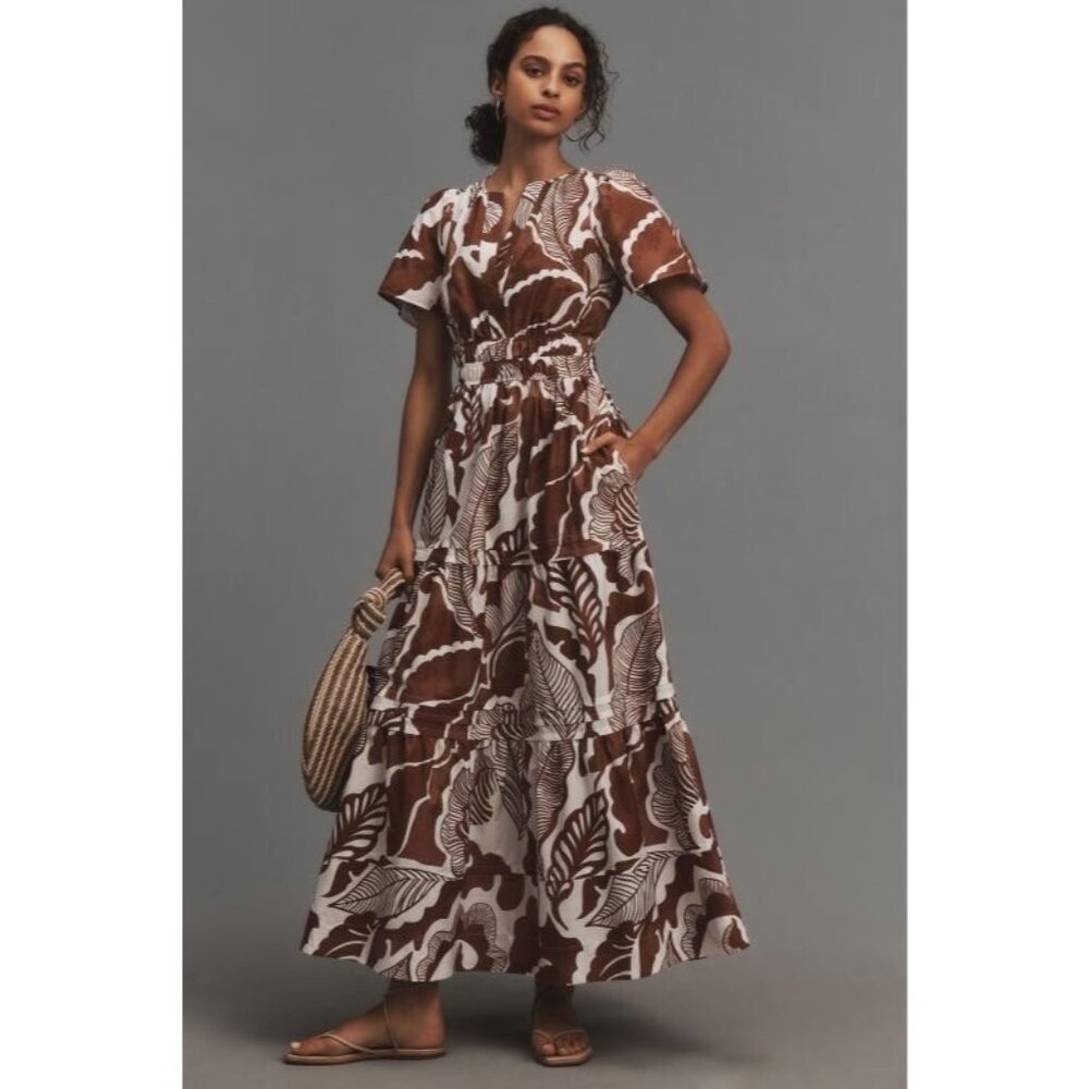 NWT Anthropologie Somerset Maxi in Cedar Floral Leaf Cotton Tiered Dress 3X